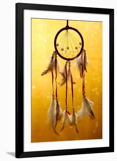 Beautiful Dream Catcher On Yellow Background With Lights-Yastremska-Framed Art Print