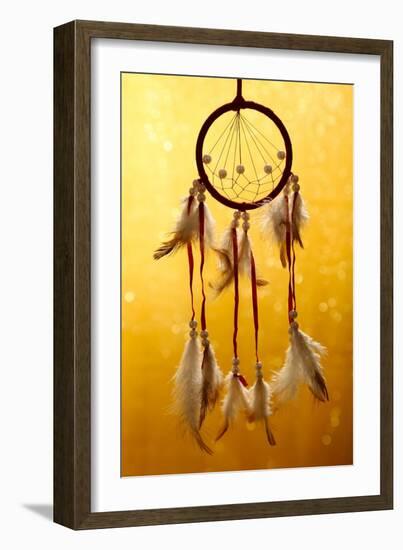 Beautiful Dream Catcher On Yellow Background With Lights-Yastremska-Framed Art Print