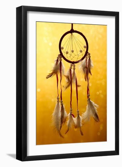 Beautiful Dream Catcher On Yellow Background With Lights-Yastremska-Framed Art Print