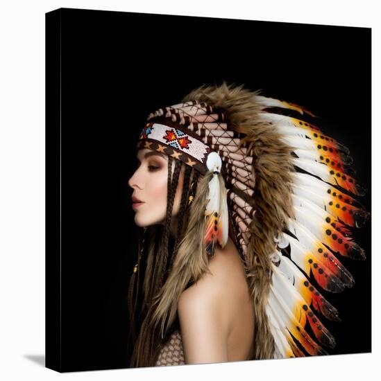 Beautiful Ethnic Lady with Roach on Her Head.-korabkova-Stretched Canvas