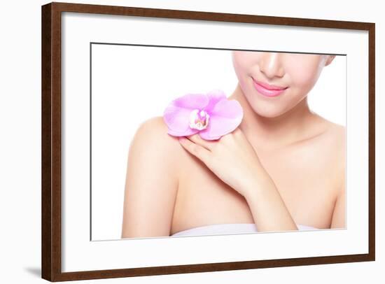 Beautiful Face with Pink Orchids-aslysun-Framed Photographic Print