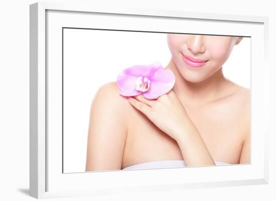 Beautiful Face with Pink Orchids-aslysun-Framed Photographic Print