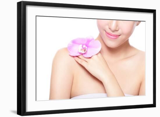 Beautiful Face with Pink Orchids-aslysun-Framed Photographic Print