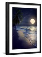 Beautiful Fantasy Tropical Beach with Milky Way Star in Night Skies, Full Moon - Retro Style Artwor-jakkapan-Framed Photographic Print