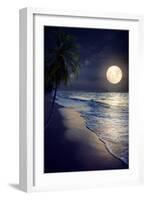 Beautiful Fantasy Tropical Beach with Milky Way Star in Night Skies, Full Moon - Retro Style Artwor-jakkapan-Framed Photographic Print