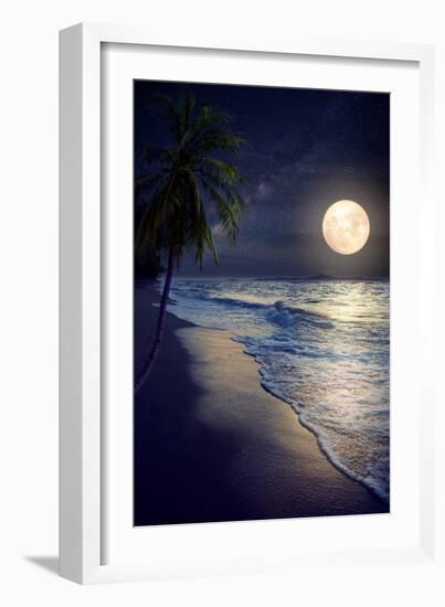 Beautiful Fantasy Tropical Beach with Milky Way Star in Night Skies, Full Moon - Retro Style Artwor-jakkapan-Framed Photographic Print