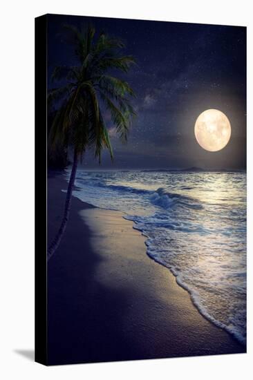 Beautiful Fantasy Tropical Beach with Milky Way Star in Night Skies, Full Moon - Retro Style Artwor-jakkapan-Stretched Canvas