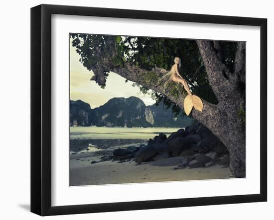 Beautiful Fashionable Mermaid Sitting On A Mighty Tree On The Beach-George Mayer-Framed Art Print