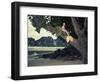 Beautiful Fashionable Mermaid Sitting On A Mighty Tree On The Beach-George Mayer-Framed Art Print