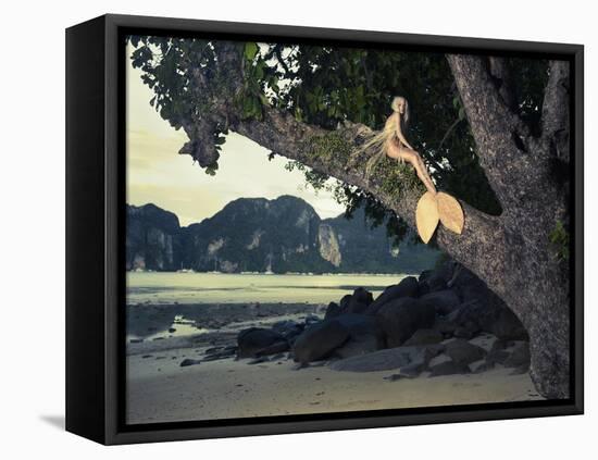 Beautiful Fashionable Mermaid Sitting On A Mighty Tree On The Beach-George Mayer-Framed Stretched Canvas