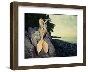 Beautiful Fashionable Mermaid Sitting On A Rock By The Sea-George Mayer-Framed Art Print