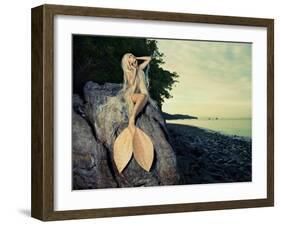 Beautiful Fashionable Mermaid Sitting On A Rock By The Sea-George Mayer-Framed Art Print