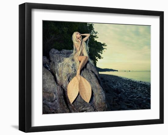 Beautiful Fashionable Mermaid Sitting On A Rock By The Sea-George Mayer-Framed Art Print