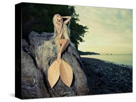 Beautiful Fashionable Mermaid Sitting On A Rock By The Sea-George Mayer-Stretched Canvas