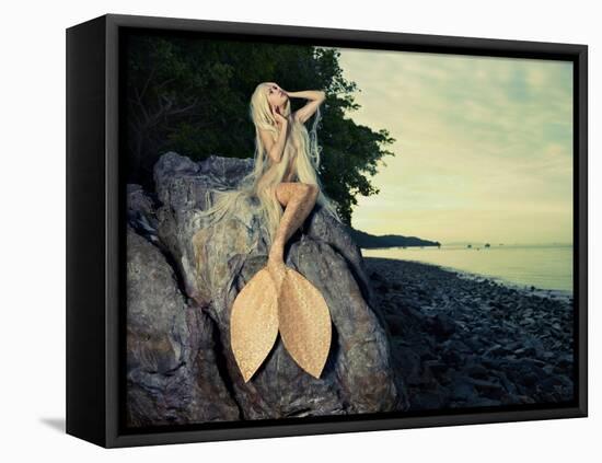 Beautiful Fashionable Mermaid Sitting On A Rock By The Sea-George Mayer-Framed Stretched Canvas