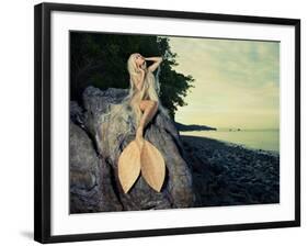 Beautiful Fashionable Mermaid Sitting On A Rock By The Sea-George Mayer-Framed Art Print