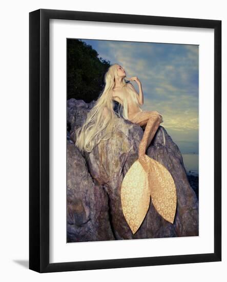 Beautiful Fashionable Mermaid Sitting On A Rock By The Sea-George Mayer-Framed Art Print