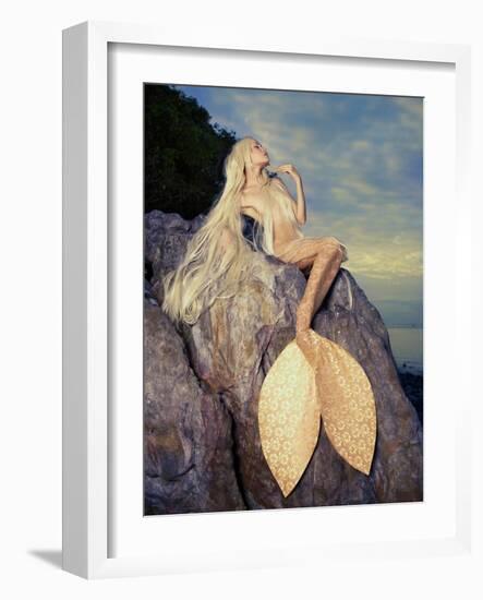 Beautiful Fashionable Mermaid Sitting On A Rock By The Sea-George Mayer-Framed Art Print