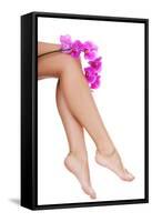Beautiful Female Legs and an Orchid Flower, Isolated on White-B-D-S-Framed Stretched Canvas
