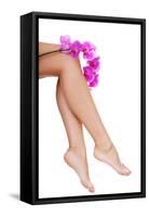 Beautiful Female Legs and an Orchid Flower, Isolated on White-B-D-S-Framed Stretched Canvas