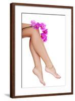 Beautiful Female Legs and an Orchid Flower, Isolated on White-B-D-S-Framed Photographic Print