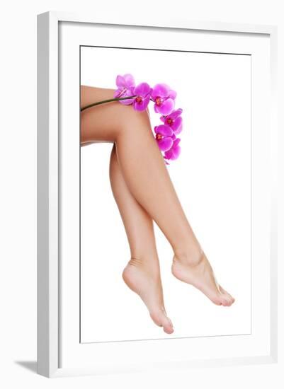 Beautiful Female Legs and an Orchid Flower, Isolated on White-B-D-S-Framed Photographic Print