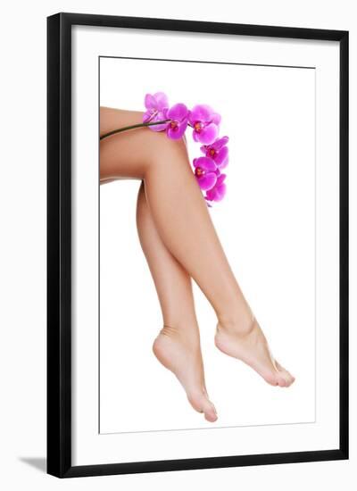 Beautiful Female Legs and an Orchid Flower, Isolated on White-B-D-S-Framed Photographic Print
