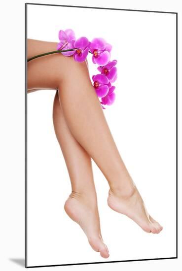 Beautiful Female Legs and an Orchid Flower, Isolated on White-B-D-S-Mounted Photographic Print