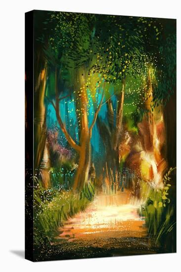 Beautiful Forest Path in Morning,Illustration Painting-Tithi Luadthong-Stretched Canvas