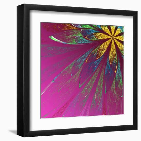 Beautiful Fractal Flower in Green and Yellow on Violet Background-velirina-Framed Art Print