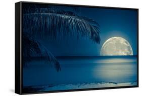 Beautiful Full Moon Reflected on the Calm Water of a Tropical Beach (Toned in Blue)-Kamira-Framed Stretched Canvas
