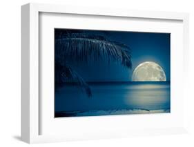 Beautiful Full Moon Reflected on the Calm Water of a Tropical Beach (Toned in Blue)-Kamira-Framed Photographic Print