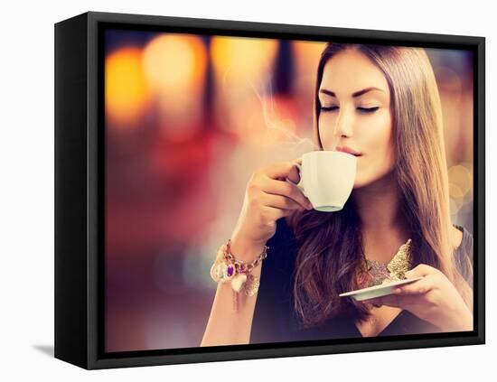 Beautiful Girl Drinking Tea or Coffee in Café-Subbotina Anna-Framed Stretched Canvas