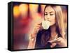 Beautiful Girl Drinking Tea or Coffee in Café-Subbotina Anna-Framed Stretched Canvas