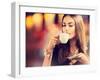 Beautiful Girl Drinking Tea or Coffee in Café-Subbotina Anna-Framed Photographic Print