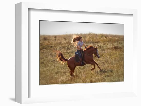 Beautiful Girl Riding a Horse  in Countryside.-PH.OK-Framed Photographic Print