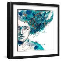 Beautiful Girl's Face with Long Blue Hair. Watercolor Illustration in Vector.Design for Invitation,-Yana Fefelova-Framed Art Print