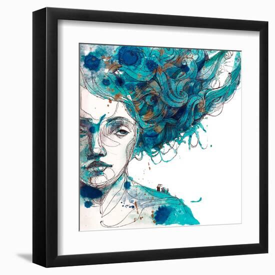 Beautiful Girl's Face with Long Blue Hair. Watercolor Illustration in Vector.Design for Invitation,-Yana Fefelova-Framed Art Print