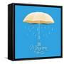 Beautiful Glossy Golden Umbrella on Raindrops Decorated Blue Background for Happy Monsoon Season.-Allies Interactive-Framed Stretched Canvas