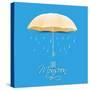 Beautiful Glossy Golden Umbrella on Raindrops Decorated Blue Background for Happy Monsoon Season.-Allies Interactive-Stretched Canvas