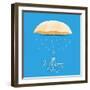Beautiful Glossy Golden Umbrella on Raindrops Decorated Blue Background for Happy Monsoon Season.-Allies Interactive-Framed Art Print