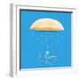 Beautiful Glossy Golden Umbrella on Raindrops Decorated Blue Background for Happy Monsoon Season.-Allies Interactive-Framed Art Print