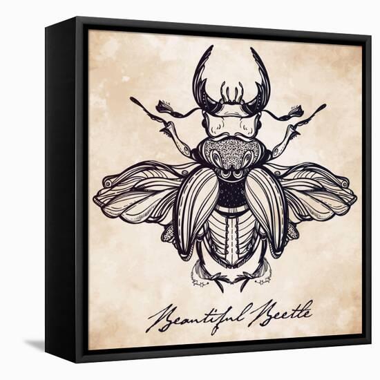 Beautiful Hand Drawn Antique Stag Beetle,The Largest Insect. Vintage Style Tattoo Vector Art. Engra-Katja Gerasimova-Framed Stretched Canvas