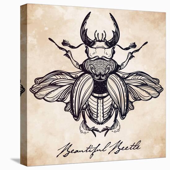 Beautiful Hand Drawn Antique Stag Beetle,The Largest Insect. Vintage Style Tattoo Vector Art. Engra-Katja Gerasimova-Stretched Canvas