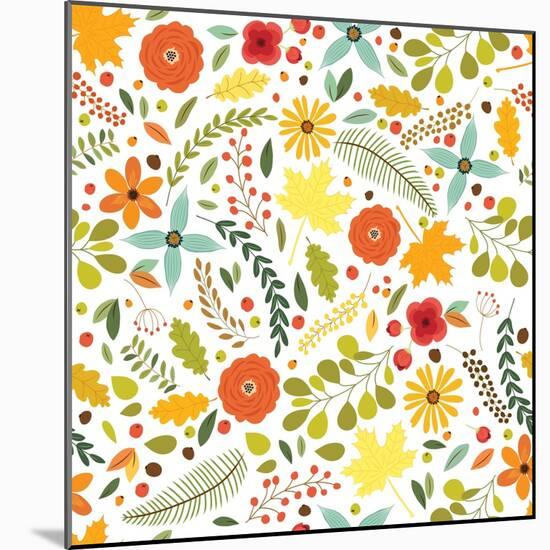 Beautiful Hand Drawn Seamless Vintage Pattern with Rustic Flowers and Leaves in Traditional Autumn-Cute Designs-Mounted Art Print