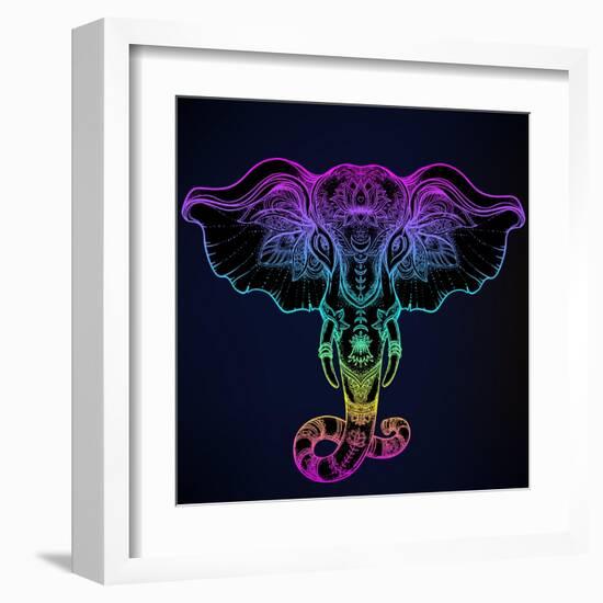 Beautiful Hand-Drawn Tribal Style Elephant. Tattoo Design, Boho Mandala Patterns. Ethnic Background-Gorbash Varvara-Framed Art Print