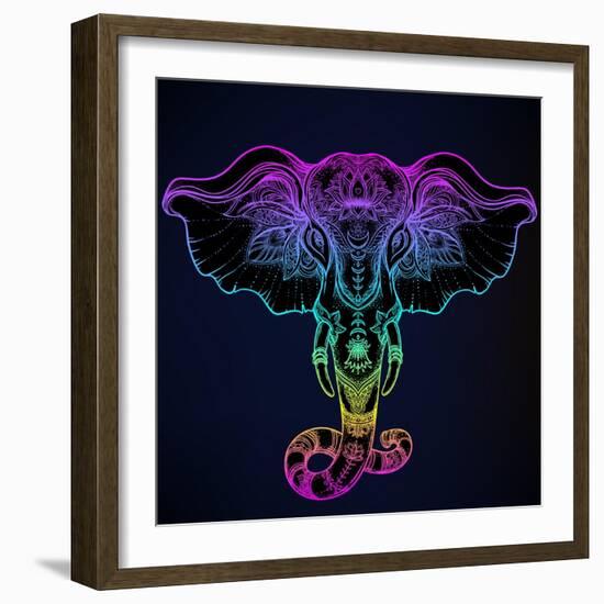 Beautiful Hand-Drawn Tribal Style Elephant. Tattoo Design, Boho Mandala Patterns. Ethnic Background-Gorbash Varvara-Framed Art Print