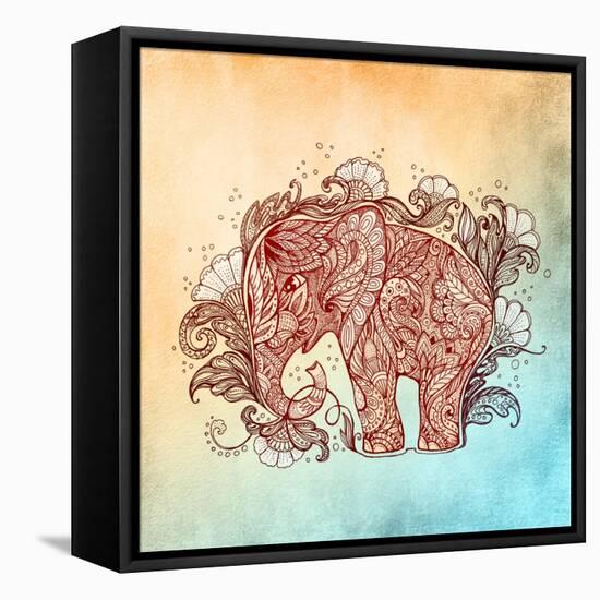 Beautiful Hand-Painted Elephant with Floral Ornament-Vensk-Framed Stretched Canvas