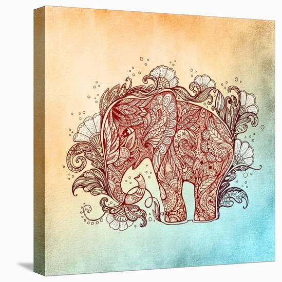 Beautiful Hand-Painted Elephant with Floral Ornament-Vensk-Stretched Canvas