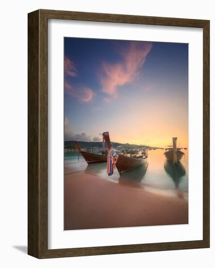 Beautiful Image of Sunrise with Colorful Sky and Longtail Boat on the Sea Tropical Beach. Thailand-Hanna Slavinska-Framed Photographic Print